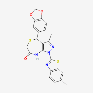 molecular formula C22H18N4O3S2 B11467982 4-(1,3-benzodioxol-5-yl)-3-methyl-1-(6-methyl-1,3-benzothiazol-2-yl)-4,8-dihydro-1H-pyrazolo[3,4-e][1,4]thiazepin-7(6H)-one 