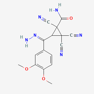 molecular formula C16H14N6O3 B11468322 1,2,2-Tricyano-3-[(3,4-dimethoxyphenyl)(hydrazinylidene)methyl]cyclopropanecarboxamide 