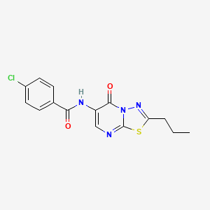 molecular formula C15H13ClN4O2S B11468389 4-Chloro-N-{5-oxo-2-propyl-5H-[1,3,4]thiadiazolo[3,2-A]pyrimidin-6-YL}benzamide 