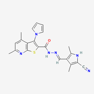 molecular formula C22H20N6OS B11468426 N'-[(E)-(5-cyano-2,4-dimethyl-1H-pyrrol-3-yl)methylidene]-4,6-dimethyl-3-(1H-pyrrol-1-yl)thieno[2,3-b]pyridine-2-carbohydrazide 