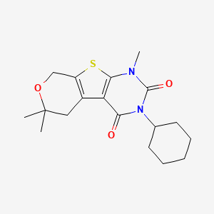 molecular formula C18H24N2O3S B11468454 4-cyclohexyl-6,12,12-trimethyl-11-oxa-8-thia-4,6-diazatricyclo[7.4.0.02,7]trideca-1(9),2(7)-diene-3,5-dione 