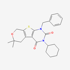 molecular formula C24H28N2O3S B11468502 6-benzyl-4-cyclohexyl-12,12-dimethyl-11-oxa-8-thia-4,6-diazatricyclo[7.4.0.02,7]trideca-1(9),2(7)-diene-3,5-dione 