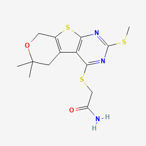 molecular formula C14H17N3O2S3 B11468552 2-[(12,12-dimethyl-5-methylsulfanyl-11-oxa-8-thia-4,6-diazatricyclo[7.4.0.02,7]trideca-1(9),2(7),3,5-tetraen-3-yl)sulfanyl]acetamide 