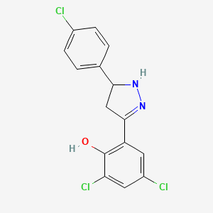 molecular formula C15H11Cl3N2O B11468638 2,4-dichloro-6-[5-(4-chlorophenyl)-4,5-dihydro-1H-pyrazol-3-yl]phenol 