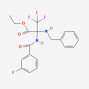 molecular formula C19H18F4N2O3 B11468716 Propanoic acid, 3,3,3-trifluoro-2-[(3-fluorobenzoyl)amino]-2-[(phenylmethyl)amino]-, ethyl ester 