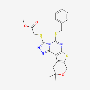 methyl 2-[(7-benzylsulfanyl-14,14-dimethyl-13-oxa-10-thia-3,4,6,8-tetrazatetracyclo[7.7.0.02,6.011,16]hexadeca-1(9),2,4,7,11(16)-pentaen-5-yl)sulfanyl]acetate