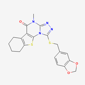 molecular formula C20H18N4O3S2 B11469005 1-[(1,3-benzodioxol-5-ylmethyl)sulfanyl]-4-methyl-6,7,8,9-tetrahydro[1]benzothieno[3,2-e][1,2,4]triazolo[4,3-a]pyrimidin-5(4H)-one 