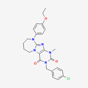 molecular formula C25H26ClN5O3 B11469125 3-[(4-chlorophenyl)methyl]-10-(4-ethoxyphenyl)-1-methyl-1,3,5-trihydro-6H,7H,8 H,9H-1,3-diazaperhydroepino[1,2-h]purine-2,4-dione 