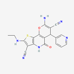 molecular formula C19H14N6O2S B11469173 8-amino-2-(ethylamino)-5-oxo-6-(3-pyridyl)-4,6-dihydro-5H-pyrano[2,3-d]thieno[3,2-b]pyridine-3,7-dicarbonitrile 