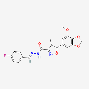 molecular formula C20H18FN3O5 B11469270 N'-[(E)-(4-fluorophenyl)methylidene]-5-(7-methoxy-1,3-benzodioxol-5-yl)-4-methyl-4,5-dihydro-1,2-oxazole-3-carbohydrazide 