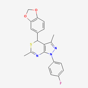 molecular formula C20H16FN3O2S B11469273 4-(1,3-Benzodioxol-5-yl)-1-(4-fluorophenyl)-3,6-dimethyl-1,4-dihydropyrazolo[3,4-d][1,3]thiazine 