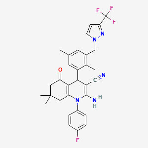 molecular formula C31H29F4N5O B11469387 2-amino-4-(2,5-dimethyl-3-{[3-(trifluoromethyl)-1H-pyrazol-1-yl]methyl}phenyl)-1-(4-fluorophenyl)-7,7-dimethyl-5-oxo-1,4,5,6,7,8-hexahydroquinoline-3-carbonitrile 