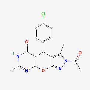 molecular formula C18H15ClN4O3 B11469399 5-acetyl-8-(4-chlorophenyl)-6,12-dimethyl-2-oxa-4,5,11,13-tetrazatricyclo[7.4.0.03,7]trideca-1(9),3,6,12-tetraen-10-one 