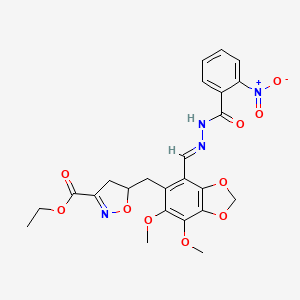 ethyl 5-({6,7-dimethoxy-4-[(E)-{2-[(2-nitrophenyl)carbonyl]hydrazinylidene}methyl]-1,3-benzodioxol-5-yl}methyl)-4,5-dihydro-1,2-oxazole-3-carboxylate