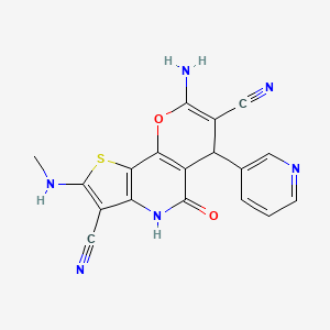 molecular formula C18H12N6O2S B11470808 8-amino-2-(methylamino)-5-oxo-6-(3-pyridyl)-4,6-dihydro-5H-pyrano[2,3-d]thieno[3,2-b]pyridine-3,7-dicarbonitrile 