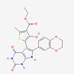 ethyl 5-[6-(2,3-dihydro-1,4-benzodioxin-6-yl)-2,4-dioxo-2,3,4,7-tetrahydro-1H-pyrrolo[2,3-d]pyrimidin-5-yl]-4-hydroxy-2-methylthiophene-3-carboxylate