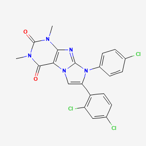 molecular formula C21H14Cl3N5O2 B11471298 8-(4-chlorophenyl)-7-(2,4-dichlorophenyl)-1,3-dimethyl-1H-imidazo[2,1-f]purine-2,4(3H,8H)-dione 