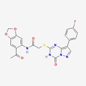 molecular formula C22H16FN5O5S B11471321 N-(6-acetyl-1,3-benzodioxol-5-yl)-2-{[8-(4-fluorophenyl)-4-oxo-3,4-dihydropyrazolo[1,5-a][1,3,5]triazin-2-yl]sulfanyl}acetamide 