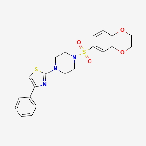 molecular formula C21H21N3O4S2 B11471373 1-(2,3-Dihydro-1,4-benzodioxin-6-ylsulfonyl)-4-(4-phenyl-1,3-thiazol-2-yl)piperazine 