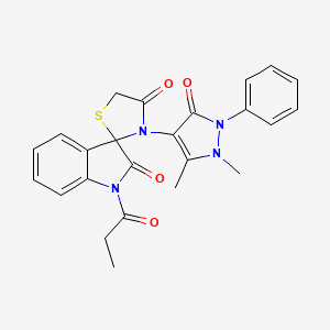 molecular formula C24H22N4O4S B11471408 3'-(1,5-Dimethyl-3-oxo-2-phenyl-2,3-dihydro-1H-pyrazol-4-YL)-1-propanoyl-1,2-dihydrospiro[indole-3,2'-[1,3]thiazolidine]-2,4'-dione 