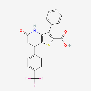 molecular formula C21H14F3NO3S B11471761 5-Oxo-3-phenyl-7-[4-(trifluoromethyl)phenyl]-4,5,6,7-tetrahydrothieno[3,2-b]pyridine-2-carboxylic acid 