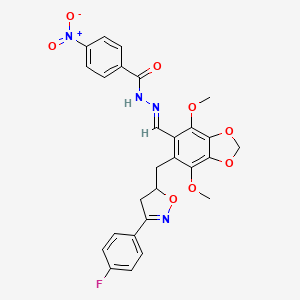 molecular formula C27H23FN4O8 B11471998 N'-[(E)-(6-{[3-(4-fluorophenyl)-4,5-dihydro-1,2-oxazol-5-yl]methyl}-4,7-dimethoxy-1,3-benzodioxol-5-yl)methylidene]-4-nitrobenzohydrazide 