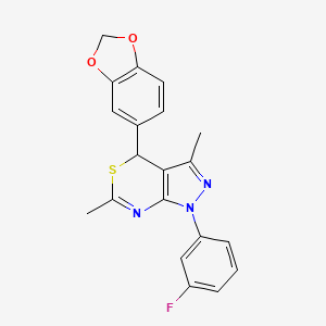 molecular formula C20H16FN3O2S B11472148 4-(1,3-Benzodioxol-5-yl)-1-(3-fluorophenyl)-3,6-dimethyl-1,4-dihydropyrazolo[3,4-d][1,3]thiazine 