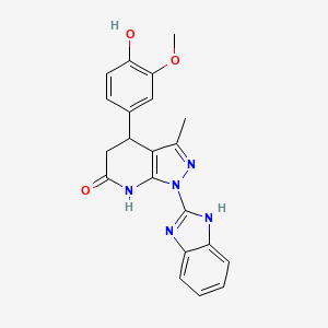 molecular formula C21H19N5O3 B11472332 1-(1H-benzimidazol-2-yl)-4-(4-hydroxy-3-methoxyphenyl)-3-methyl-1,4,5,7-tetrahydro-6H-pyrazolo[3,4-b]pyridin-6-one 