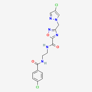 molecular formula C16H14Cl2N6O3 B11472537 N-(2-{[(4-chlorophenyl)carbonyl]amino}ethyl)-3-[(4-chloro-1H-pyrazol-1-yl)methyl]-1,2,4-oxadiazole-5-carboxamide 