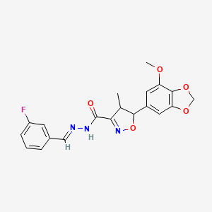 molecular formula C20H18FN3O5 B11473287 N'-[(E)-(3-fluorophenyl)methylidene]-5-(7-methoxy-1,3-benzodioxol-5-yl)-4-methyl-4,5-dihydro-1,2-oxazole-3-carbohydrazide 