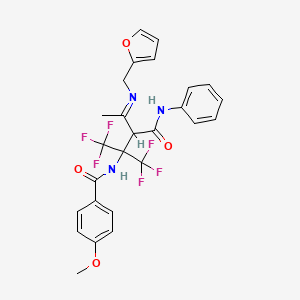 molecular formula C26H23F6N3O4 B11473508 4-methoxy-N-[(4Z)-1,1,1-trifluoro-4-[(furan-2-ylmethyl)imino]-3-(phenylcarbamoyl)-2-(trifluoromethyl)pentan-2-yl]benzamide 