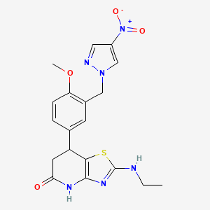 molecular formula C19H20N6O4S B11473674 2-(ethylamino)-7-{4-methoxy-3-[(4-nitro-1H-pyrazol-1-yl)methyl]phenyl}-6,7-dihydro[1,3]thiazolo[4,5-b]pyridin-5(4H)-one 