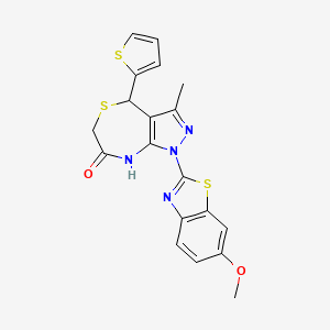 molecular formula C19H16N4O2S3 B11473966 1-(6-methoxy-1,3-benzothiazol-2-yl)-3-methyl-4-(thiophen-2-yl)-4,8-dihydro-1H-pyrazolo[3,4-e][1,4]thiazepin-7(6H)-one 