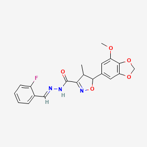 molecular formula C20H18FN3O5 B11474038 N'-[(E)-(2-fluorophenyl)methylidene]-5-(7-methoxy-1,3-benzodioxol-5-yl)-4-methyl-4,5-dihydro-1,2-oxazole-3-carbohydrazide 