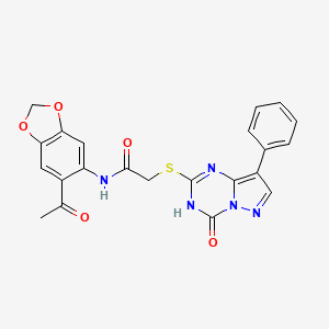 molecular formula C22H17N5O5S B11474055 N-(6-acetyl-1,3-benzodioxol-5-yl)-2-[(4-oxo-8-phenyl-3,4-dihydropyrazolo[1,5-a][1,3,5]triazin-2-yl)sulfanyl]acetamide 