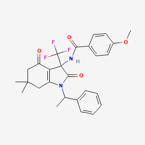 molecular formula C27H27F3N2O4 B11474185 N-[6,6-dimethyl-2,4-dioxo-1-(1-phenylethyl)-3-(trifluoromethyl)-2,3,4,5,6,7-hexahydro-1H-indol-3-yl]-4-methoxybenzamide 