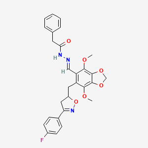 N'-[(E)-(6-{[3-(4-fluorophenyl)-4,5-dihydro-1,2-oxazol-5-yl]methyl}-4,7-dimethoxy-1,3-benzodioxol-5-yl)methylidene]-2-phenylacetohydrazide