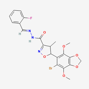 molecular formula C21H19BrFN3O6 B11474369 5-(6-bromo-4,7-dimethoxy-1,3-benzodioxol-5-yl)-N'-[(E)-(2-fluorophenyl)methylidene]-4-methyl-4,5-dihydro-1,2-oxazole-3-carbohydrazide 