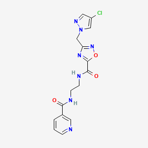 molecular formula C15H14ClN7O3 B11474481 N-{2-[({3-[(4-chloro-1H-pyrazol-1-yl)methyl]-1,2,4-oxadiazol-5-yl}carbonyl)amino]ethyl}pyridine-3-carboxamide 