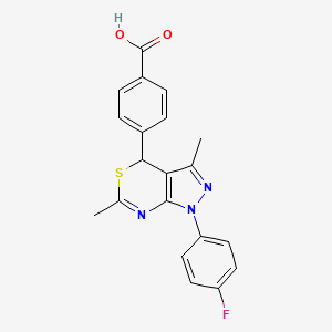 molecular formula C20H16FN3O2S B11474581 4-[1-(4-Fluorophenyl)-3,6-dimethyl-1,4-dihydropyrazolo[3,4-d][1,3]thiazin-4-yl]benzoic acid 