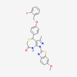 molecular formula C28H23FN4O3S2 B11474665 4-{4-[(2-fluorobenzyl)oxy]phenyl}-1-(6-methoxy-1,3-benzothiazol-2-yl)-3-methyl-4,8-dihydro-1H-pyrazolo[3,4-e][1,4]thiazepin-7(6H)-one 