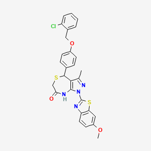 molecular formula C28H23ClN4O3S2 B11475122 4-{4-[(2-chlorobenzyl)oxy]phenyl}-1-(6-methoxy-1,3-benzothiazol-2-yl)-3-methyl-4,8-dihydro-1H-pyrazolo[3,4-e][1,4]thiazepin-7(6H)-one 