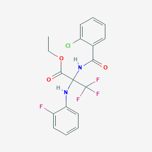 molecular formula C18H15ClF4N2O3 B11475359 Propanoic acid, 2-[(2-chlorobenzoyl)amino]-3,3,3-trifluoro-2-[(2-fluorophenyl)amino]-, ethyl ester 