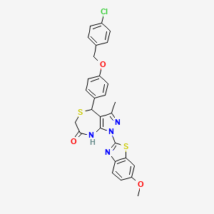 molecular formula C28H23ClN4O3S2 B11475461 4-{4-[(4-chlorobenzyl)oxy]phenyl}-1-(6-methoxy-1,3-benzothiazol-2-yl)-3-methyl-4,8-dihydro-1H-pyrazolo[3,4-e][1,4]thiazepin-7(6H)-one 