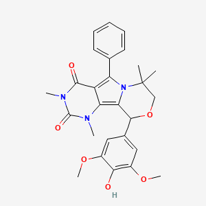 molecular formula C27H29N3O6 B11475617 13-(4-hydroxy-3,5-dimethoxyphenyl)-3,5,10,10-tetramethyl-8-phenyl-12-oxa-3,5,9-triazatricyclo[7.4.0.02,7]trideca-1,7-diene-4,6-dione 