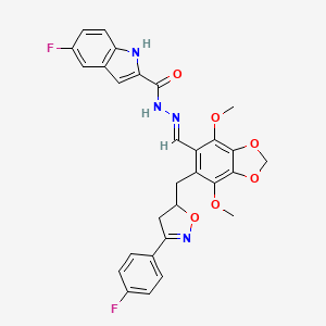 molecular formula C29H24F2N4O6 B11476115 5-fluoro-N'-[(E)-(6-{[3-(4-fluorophenyl)-4,5-dihydro-1,2-oxazol-5-yl]methyl}-4,7-dimethoxy-1,3-benzodioxol-5-yl)methylidene]-1H-indole-2-carbohydrazide 