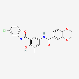 molecular formula C23H17ClN2O5 B11476416 N-[3-(5-chloro-1,3-benzoxazol-2-yl)-4-hydroxy-5-methylphenyl]-2,3-dihydro-1,4-benzodioxine-6-carboxamide 