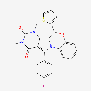 molecular formula C25H18FN3O3S B11476706 17-(4-fluorophenyl)-12,14-dimethyl-9-thiophen-2-yl-8-oxa-1,12,14-triazatetracyclo[8.7.0.02,7.011,16]heptadeca-2,4,6,10,16-pentaene-13,15-dione 