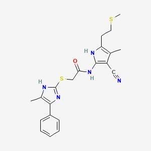 molecular formula C21H23N5OS2 B11476787 N-{3-cyano-4-methyl-5-[2-(methylsulfanyl)ethyl]-1H-pyrrol-2-yl}-2-[(4-methyl-5-phenyl-1H-imidazol-2-yl)sulfanyl]acetamide 