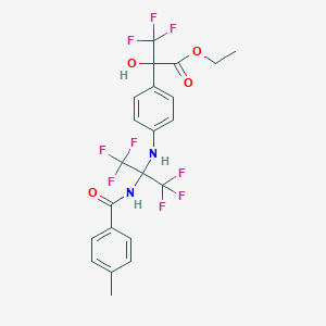 molecular formula C22H19F9N2O4 B11477354 Ethyl 3,3,3-trifluoro-2-{4-[(1,1,1,3,3,3-hexafluoro-2-{[(4-methylphenyl)carbonyl]amino}propan-2-yl)amino]phenyl}-2-hydroxypropanoate 